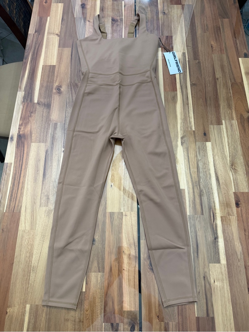 NWT Sz M Girlfriend Collective Luxe Paneled Unitard in Warm Sand Tan Beige